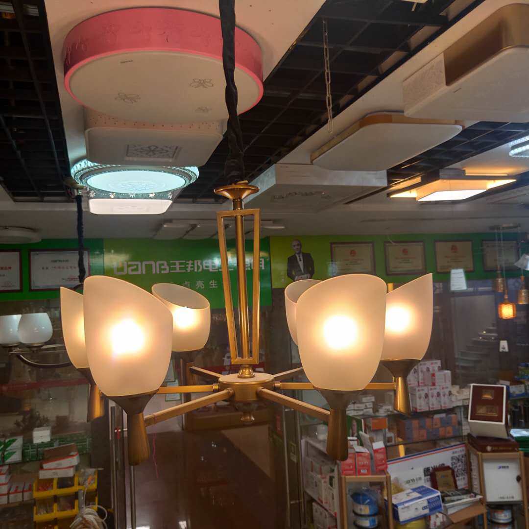 Bronze-colored ironwork lamp, glass lampshade, twelve-head ceiling lamp pic 1