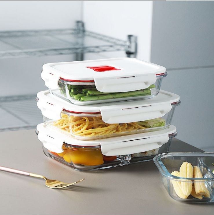 Super capacity sealed crisper, heat resistant, high borosilicate glass, transparent bento lunchbox, rectangular set