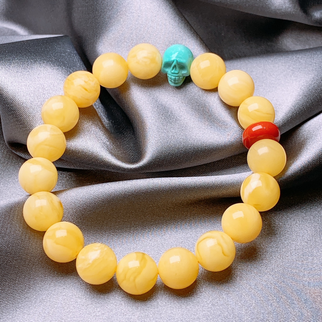 11mm俄料白花蜜手串，搭配高瓷绿松石、满肉南红