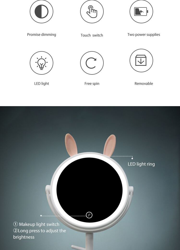 新款兔耳led化妆镜子带灯网红台式补光镜学生收纳美妆镜mirror详情图2