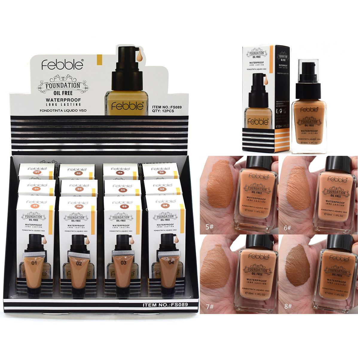 【12 Bottles 】FS089C Deep Skin FEBBLE Glass Bottle Moisturizing, Nourishing and Concealing Foundation with sample size details Picture