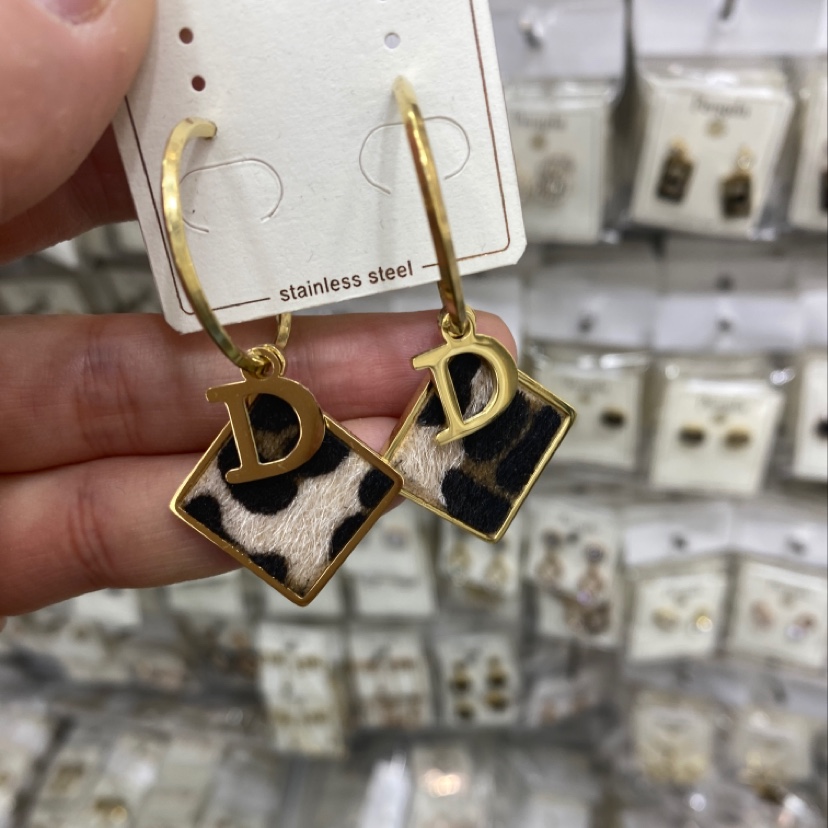 几何菱形字母耳坠耳环女豹纹方块D字耳钉耳饰潮