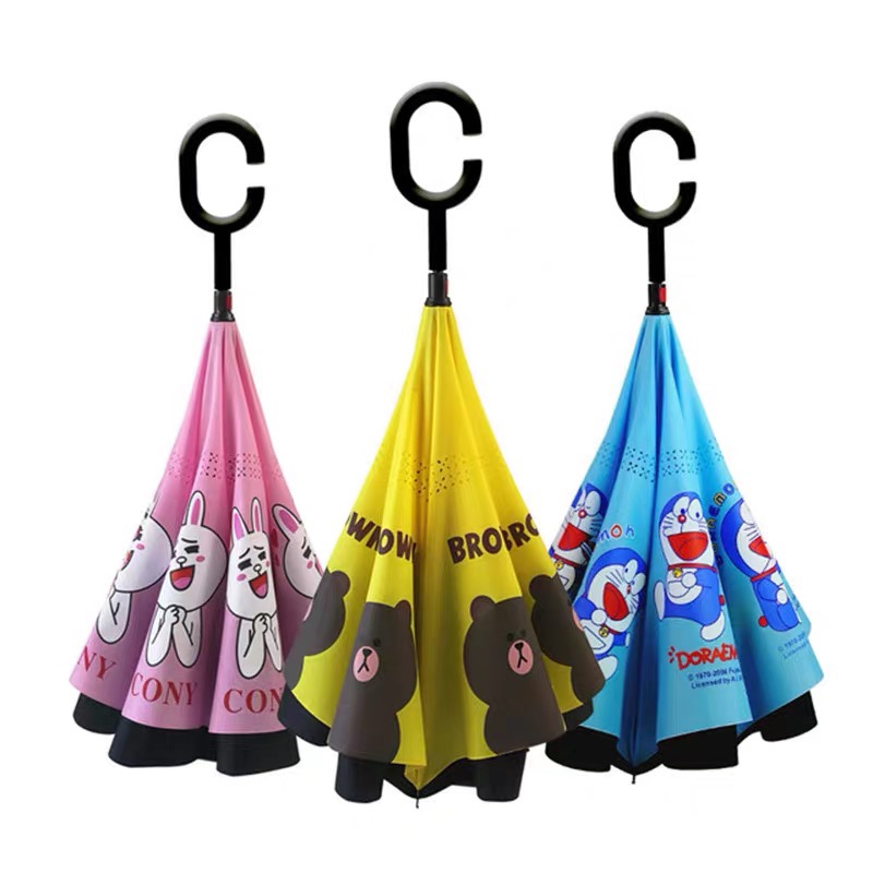 Children's Cartoon Reverse Umbrella German Creative Men's And Women's Car Long Handle Clear Umbrella Double-Layer Hands-Free Car Anti-Bone Umbrella Custom details Picture