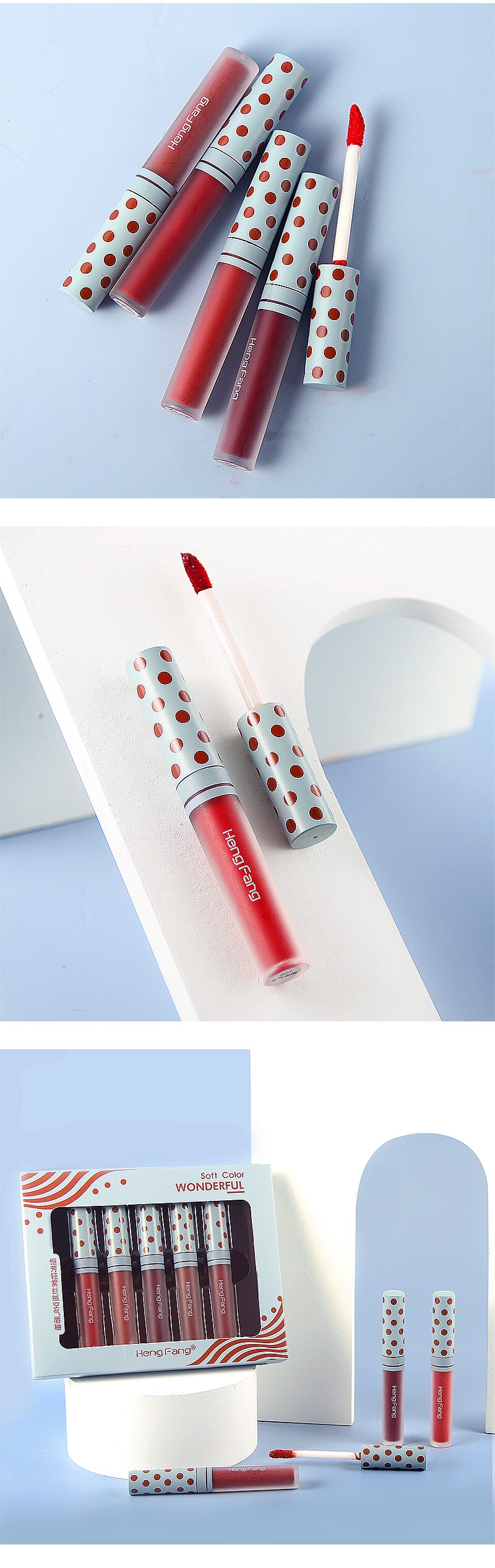 Hengfang Light Mist Velvet Air Lip Gloss Set [Lips]H7051A Air Feel light 🌬️ formula texture not sticky, light and thin, no heavy makeup, lips feel comfortable and fresh 🍃 smooth transparent tube body, a blessing for texture lovers 😉 Σ> - (" °ω° ")♡→ undefined
