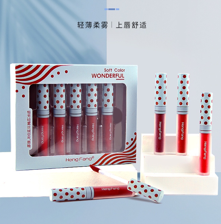 Hengfang Light Mist Velvet Air Lip Gloss Set [Lips]H7051A Air Feel light 🌬️ formula texture not sticky, light and thin, no heavy makeup, lips feel comfortable and fresh 🍃 smooth transparent tube body, a blessing for texture lovers 😉 Σ> - (" °ω° ")♡→