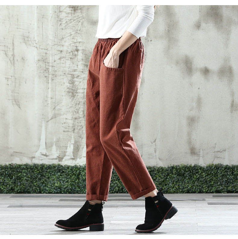 High-waisted washed cotton women's trousers