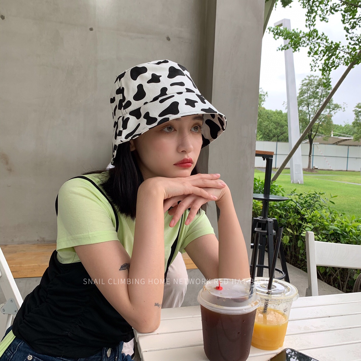 日系小众奶牛花纹渔夫帽潮韩版个性时尚显脸小盆帽女ins网红帽子