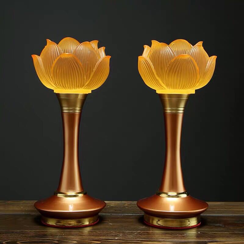 A 10-inch LED lotus lamp, a glazed lotus lamp, is offered in front of the Buddha. It is a long-lasting lamp for the Buddha details Picture