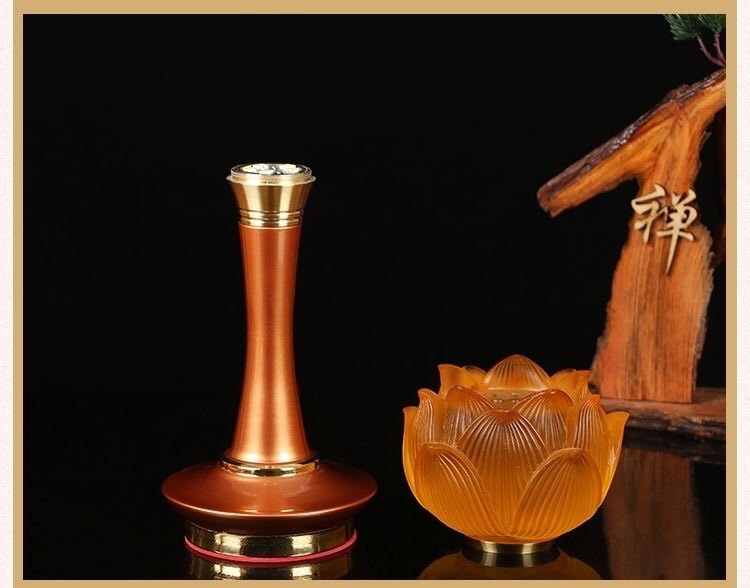 A 10-inch LED lotus lamp, a glazed lotus lamp, is offered in front of the Buddha. It is a long-lasting lamp for the Buddha Item Picture