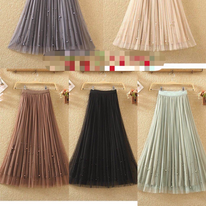 Autumn gauze skirt, half skirt, women's mid-length skirt, high-waisted A-line large hem, beaded pleated long skirt, fairy gauze skirt
