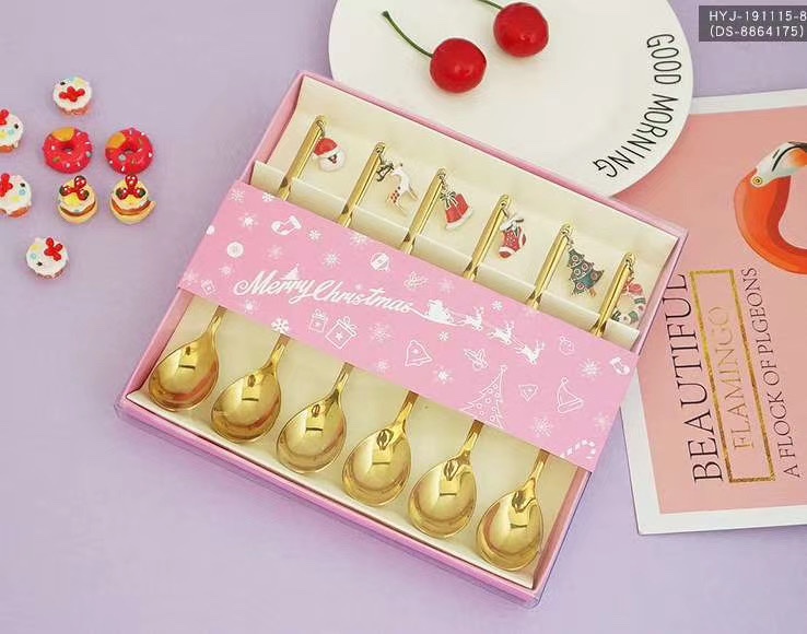 304 Christmas Cartoon and Cute Long-handled Coffee Spoon Ice round Spoon Gift Box Set of Six pieces