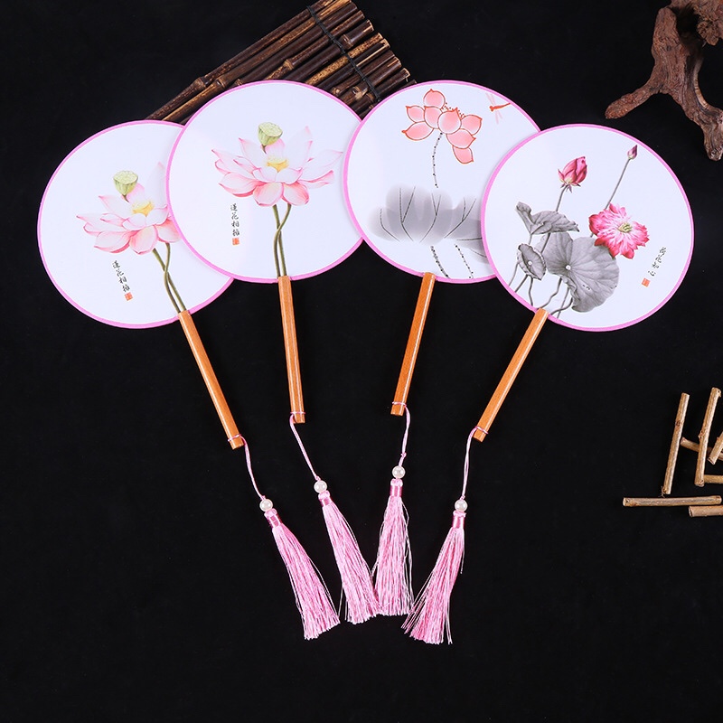 古风扇子团扇中国风舞蹈古典古装宫廷汉服女士长柄流苏小圆扇 厂家现货白底实物图