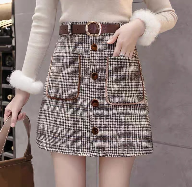 Plaid skirt, pleated skirt, short skirt, high-waisted tweed A-line skirt, 2020 new autumn and winter one-step skirt, winter skirt