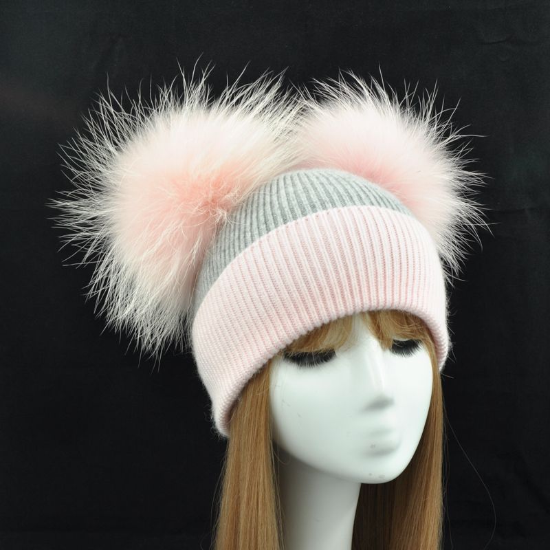 冬季保暖针织帽妇女双毛绒球帽子豆豆帽天然拼色帽子详情图2