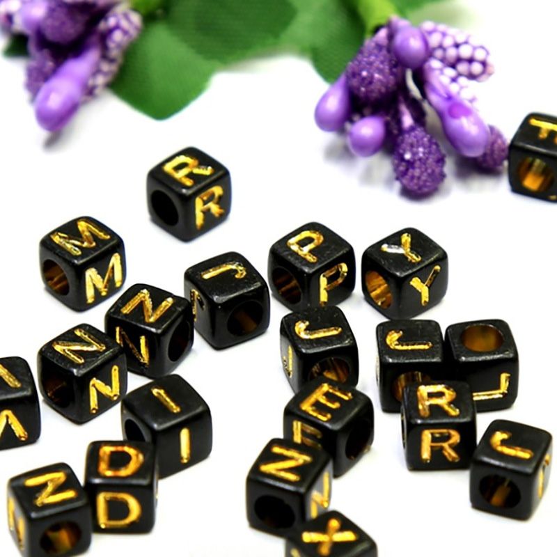 Acrylic beads 26 English letters and Numbers square flat beads powder DIY black gold