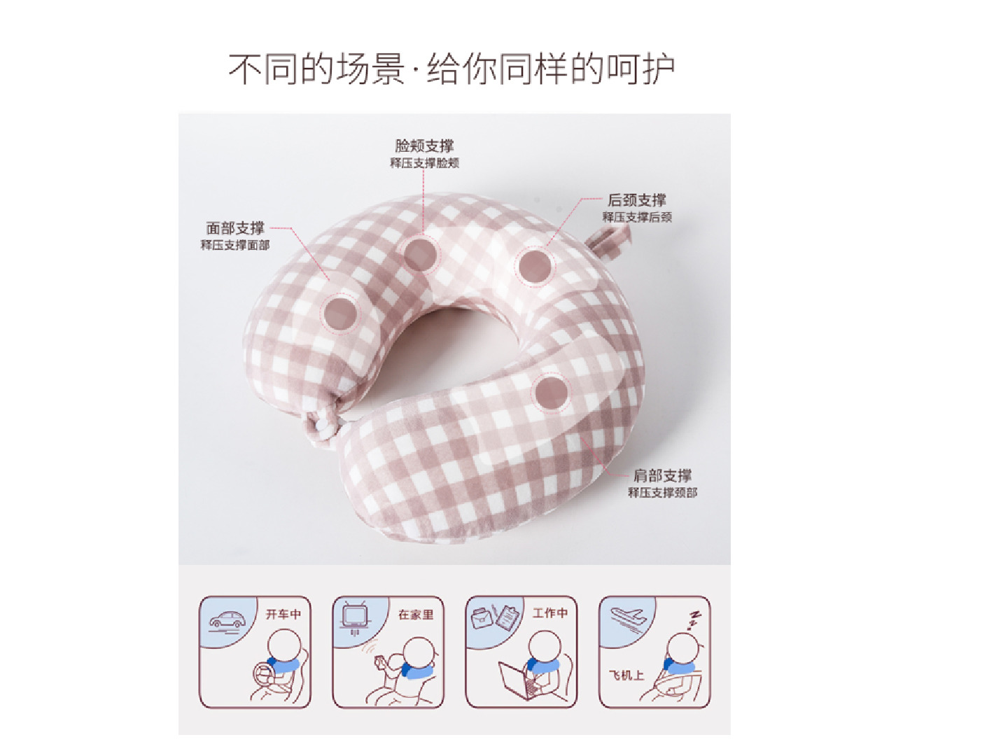 厂家直销氨纶超小格子护颈枕 透气贴肤记忆棉U型枕便携式旅行用枕详情图2