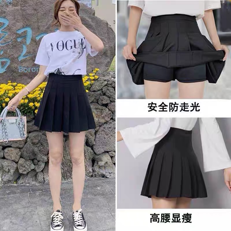 Black pleated skirt for women in summer, high-waisted A-line skirt, short skirt, grey and white half skirt for women in spring and autumn undefined