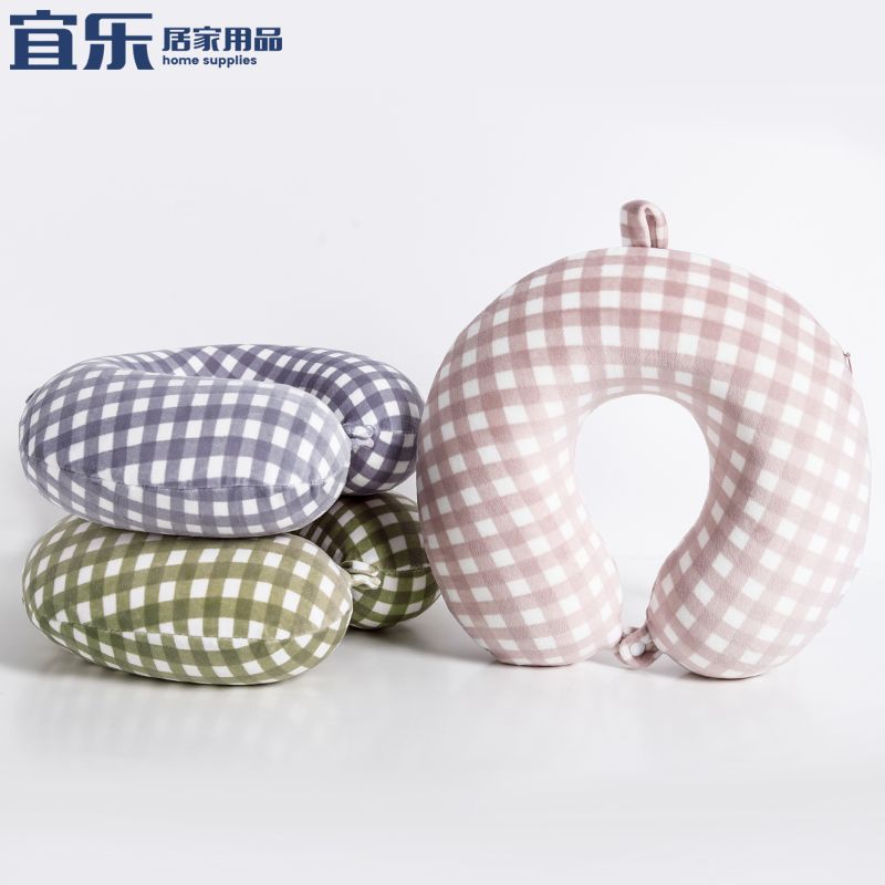 厂家直销氨纶超小格子护颈枕 透气贴肤记忆棉U型枕便携式旅行用枕图