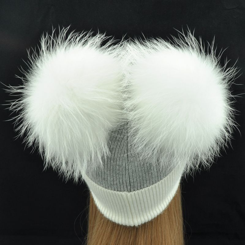 冬季保暖针织帽妇女双毛绒球帽子豆豆帽天然拼色帽子详情图4