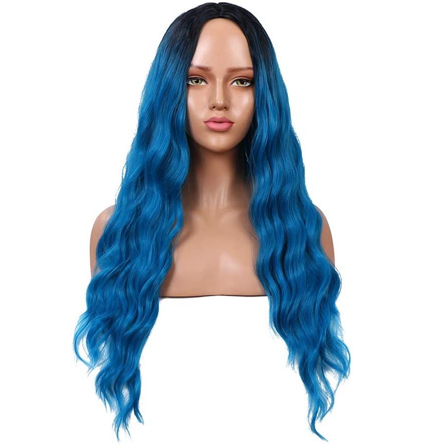 A single-color, bang-free, middle-parted, curved wig