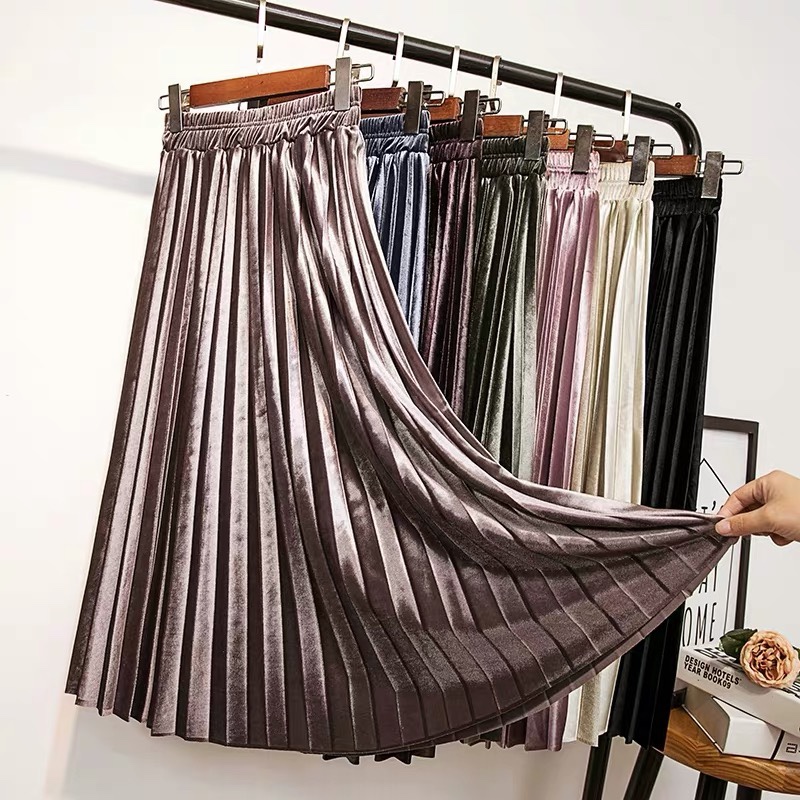 Pleated skirt for women 2020 autumn/Winter new Korean-style high-waisted, versatile, large-sized A-line skirt, mid-length velvet half skirt Specification image
