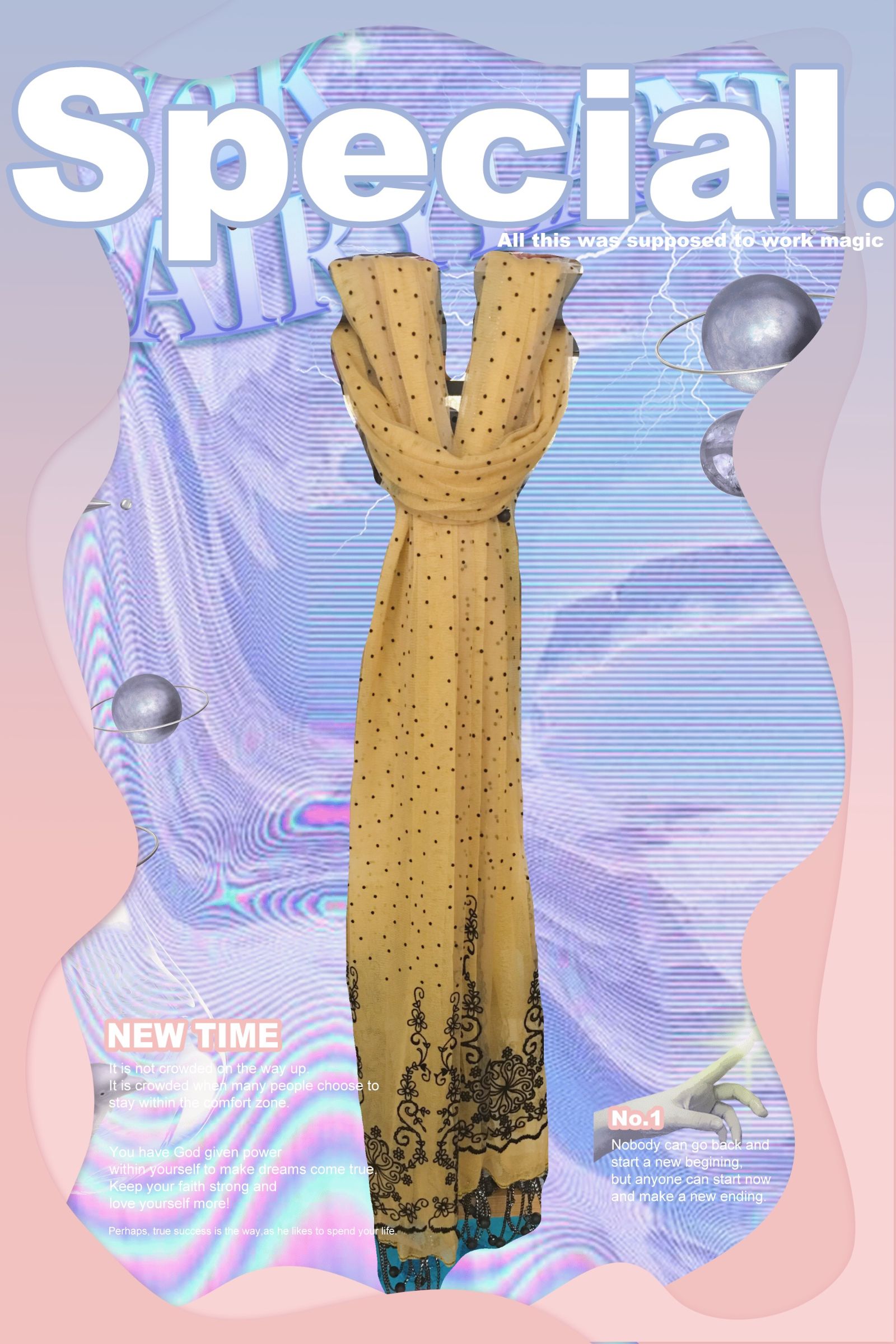 Wear a casual embroidered scarf with long shoulders