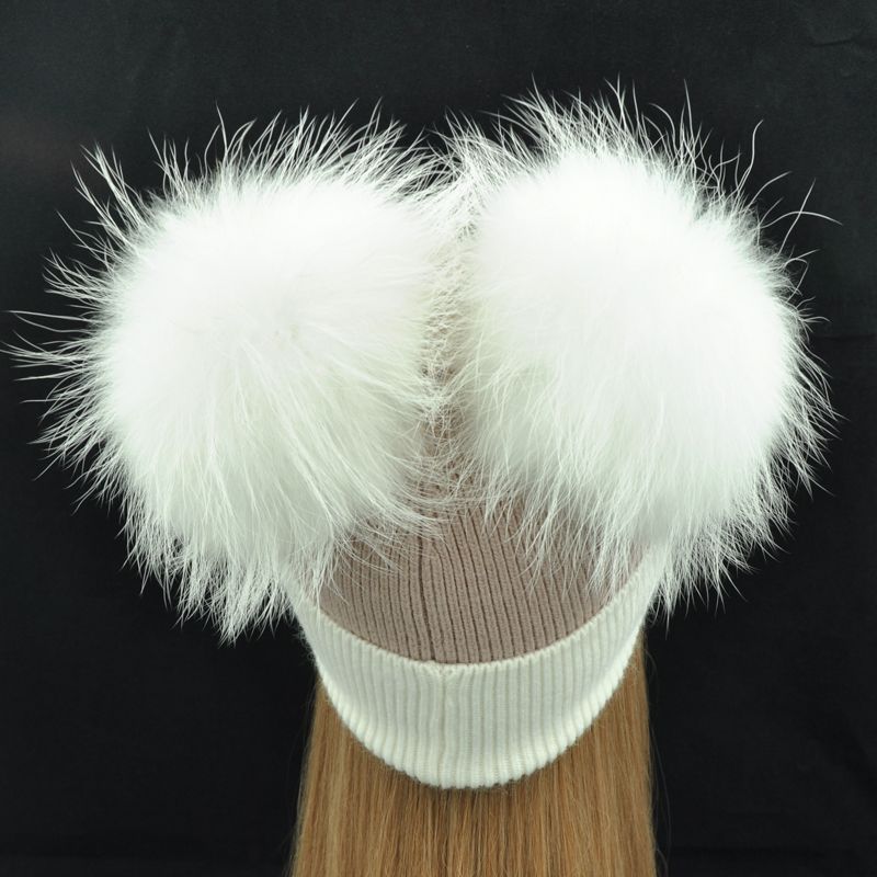冬季保暖针织帽妇女双毛绒球帽子豆豆帽天然拼色帽子详情图6