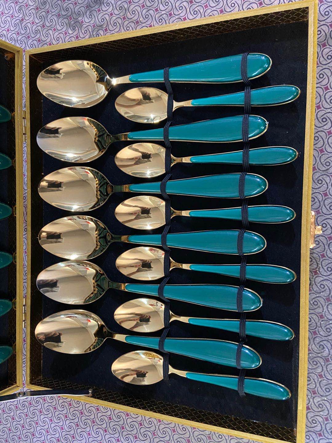 双色宝石夹柄刀叉勺24件套金色木盒礼盒装钛金工艺详情图1