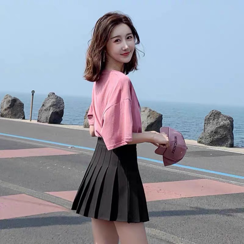 Black pleated skirt for women in summer, high-waisted A-line skirt, short skirt, grey and white half skirt for women in spring and autumn undefined
