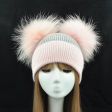 冬季保暖针织帽妇女双毛绒球帽子豆豆帽天然拼色帽子
