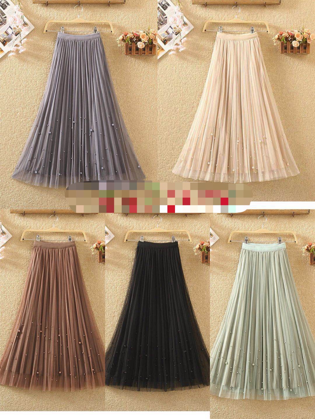 Autumn gauze skirt, half skirt, women's mid-length skirt, high-waisted A-line large hem, beaded pleated long skirt, fairy gauze skirt details Picture