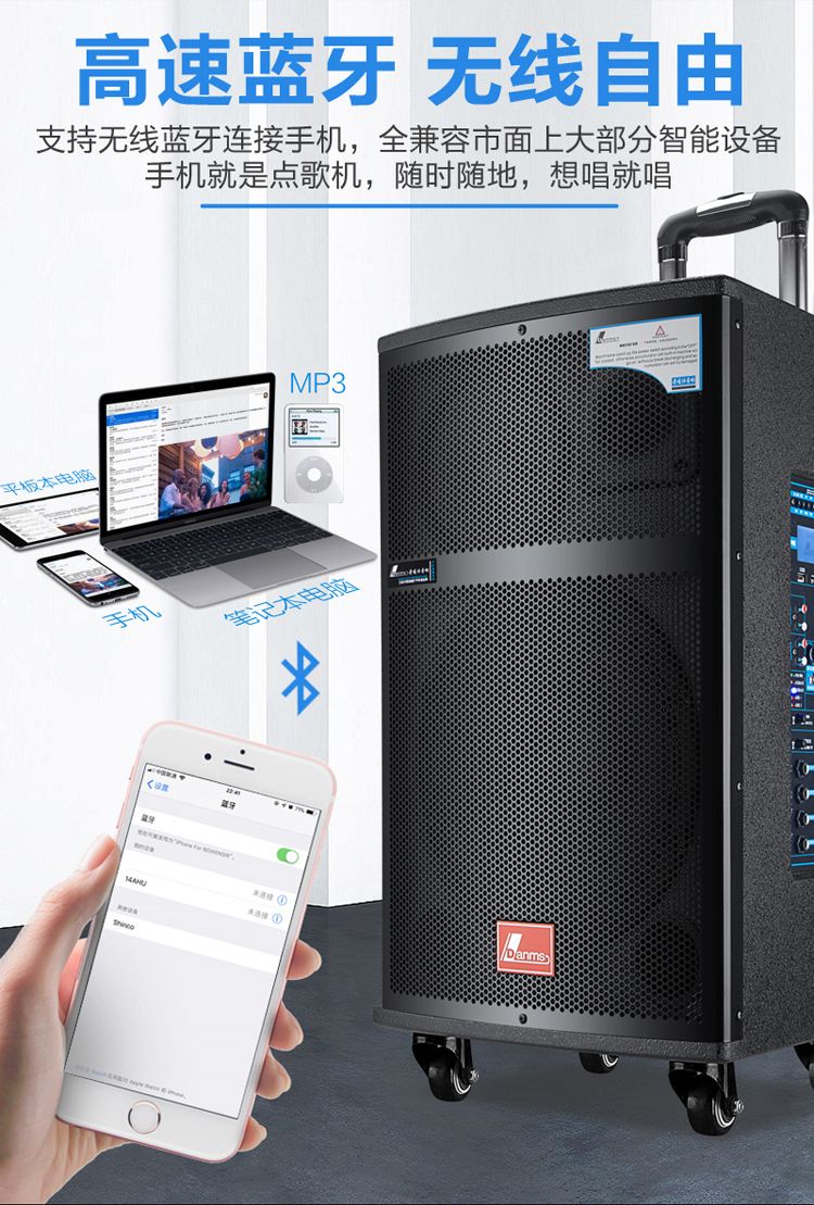 Danmaishi outdoor trolley speaker, professional high-power stage wireless Bluetooth live streaming Kuaishou square dance audio system detail image 3