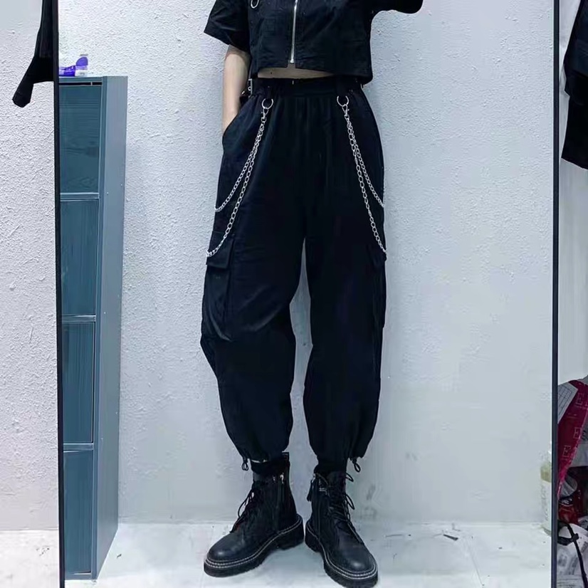Personalize pocket cargo pants handsome chain hip hop tie foot slimming function pants elastic waist nine minute pants trend thumbnail