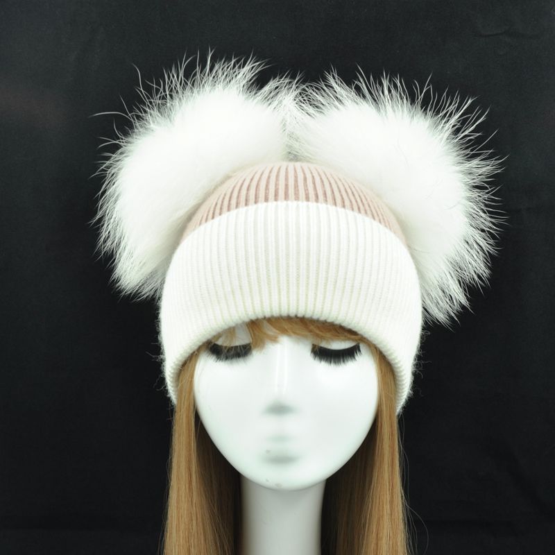 冬季保暖针织帽妇女双毛绒球帽子豆豆帽天然拼色帽子详情图5