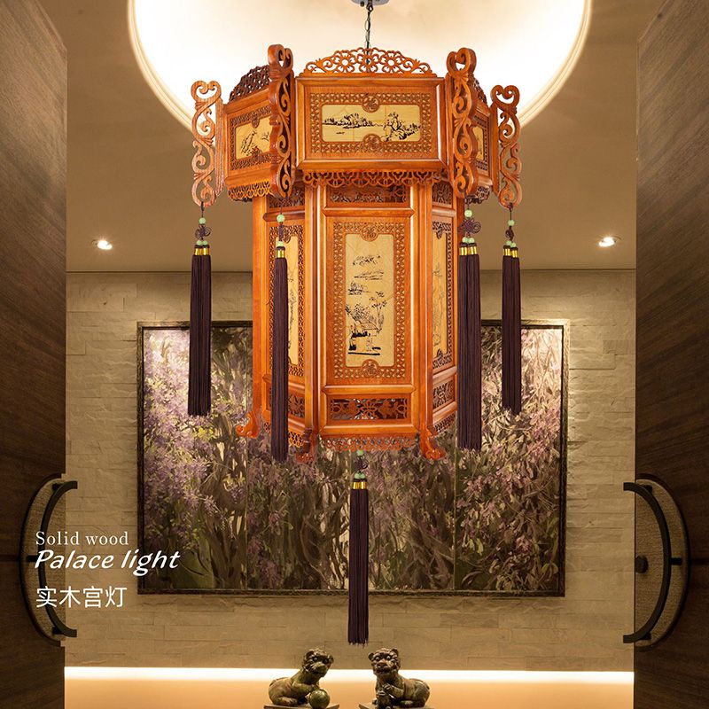 45 Chinese-style lanterns, antique yellow sheepskin lanterns, solid wood palace lanterns, tea house courtyard lanterns, balcony New Year chandeliers Item Picture