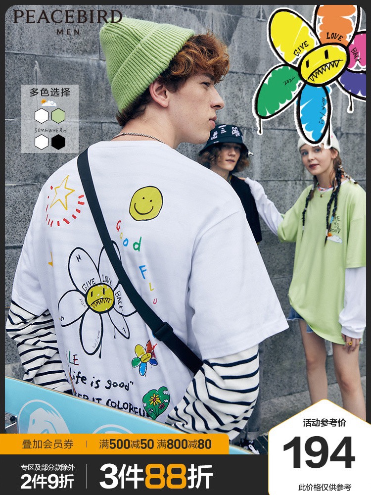 "Foreign trade premium T-shirt Men's Wear Heavyweight Casual Business [Recommended by Viya] Taipingniao men's Wear small flower short-sleeved T-shirt Men's trendy printed base layer Couple Half-sleeved top. Specification image