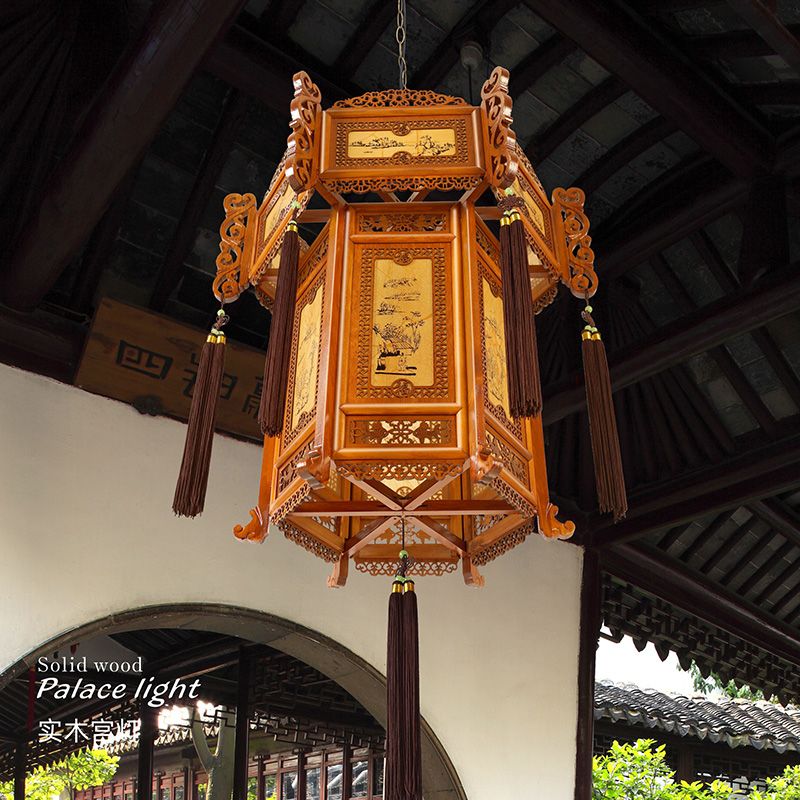 45 Chinese-style lanterns, antique yellow sheepskin lanterns, solid wood palace lanterns, tea house courtyard lanterns, balcony New Year chandeliers Specification image