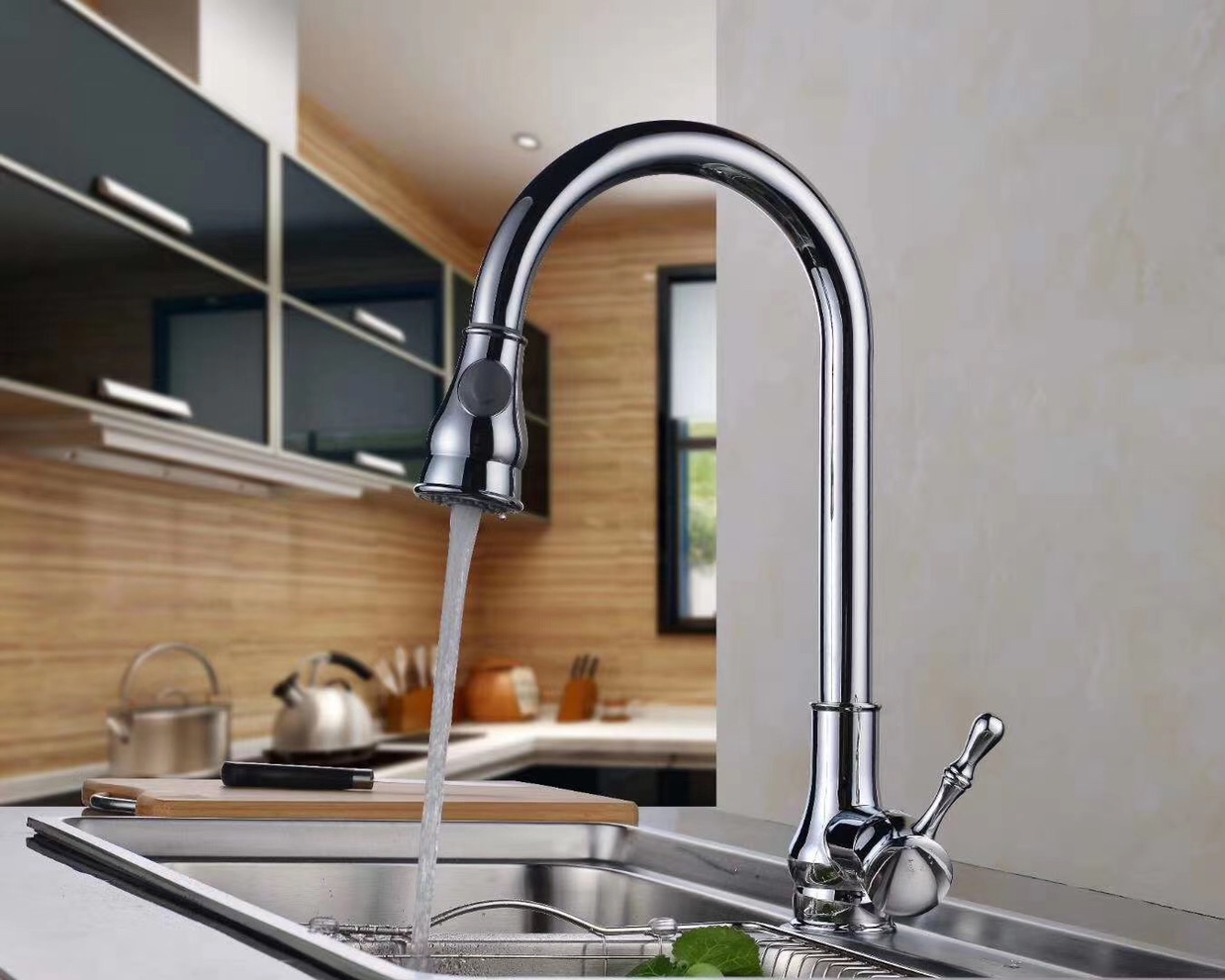 Pull the copper faucet in the kitchen