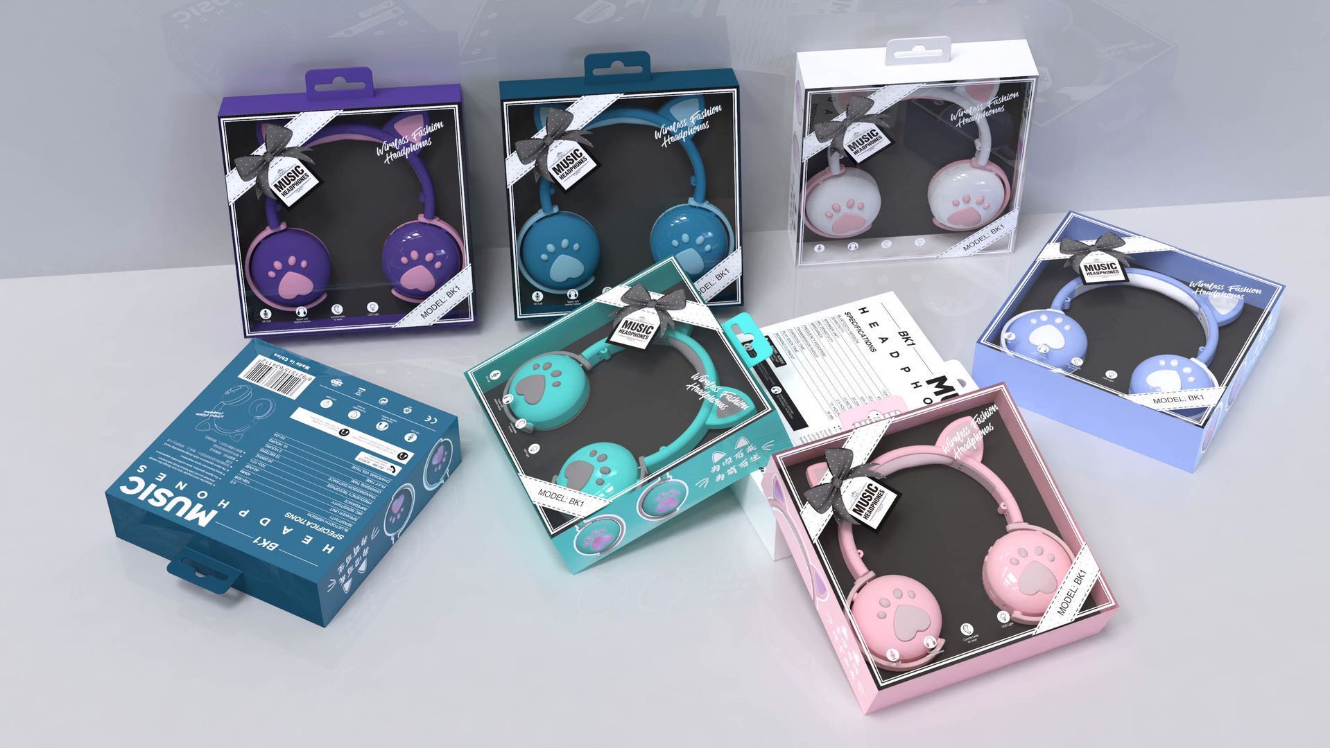 Cartoon cat glowing Bluetooth headphones Specification image