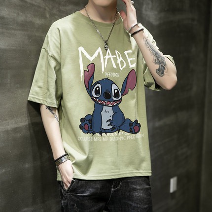The new 2020 men's dirty pink cartoon T-shirt with short sleeves has a 5-minute sleeve and a summer trend with half sleeves thumbnail