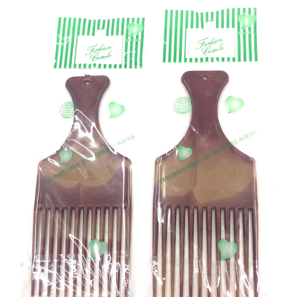 Factory direct fork comb Africa hot sale comb two-color fork comb brown green striped bag comb