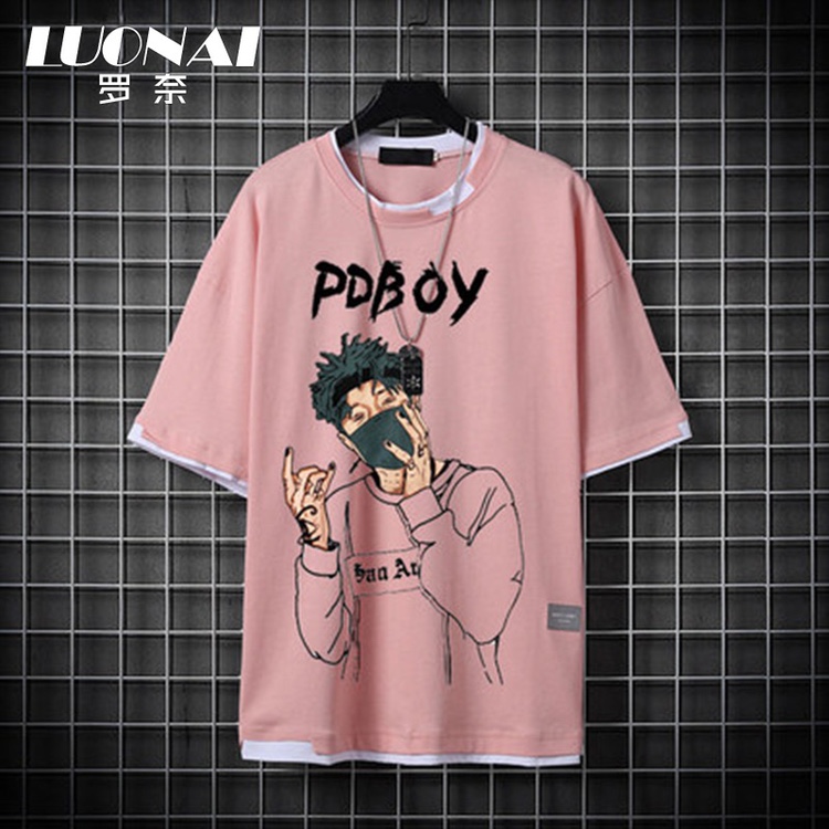 The 2020 new men's dirty pink cartoon pattern short-sleeved T-shirt with 5-quarter sleeves is a trendy half-sleeved summer outfit