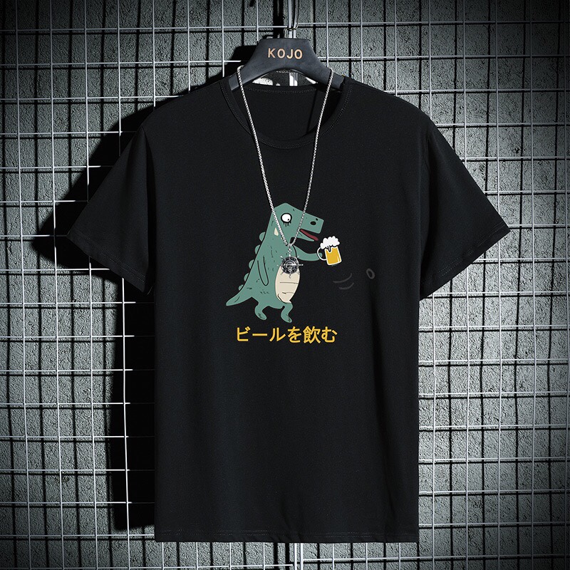 Negro dinosaurio manga corta hombre manga corta camiseta 2021 nuevo verano color sólido algodón cuerpo blanco media manga tendencia leggings ropa superior 1