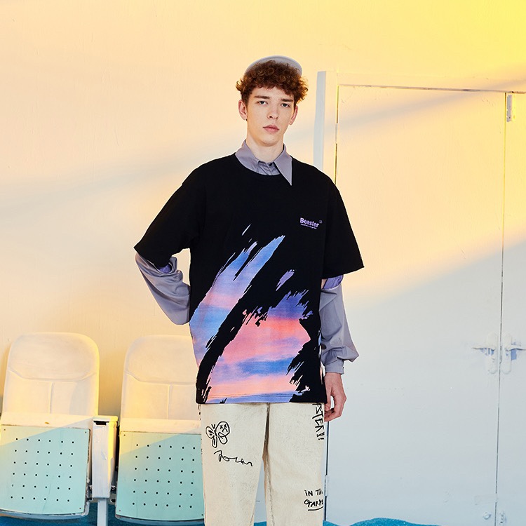 Foreign trade premium T-shirt men's wear, heavyweight casual business BEASTER Little Devil Smiling short-sleeved T-shirt, trendy couple print, loose and trendy pure cotton summer half-sleeved ins