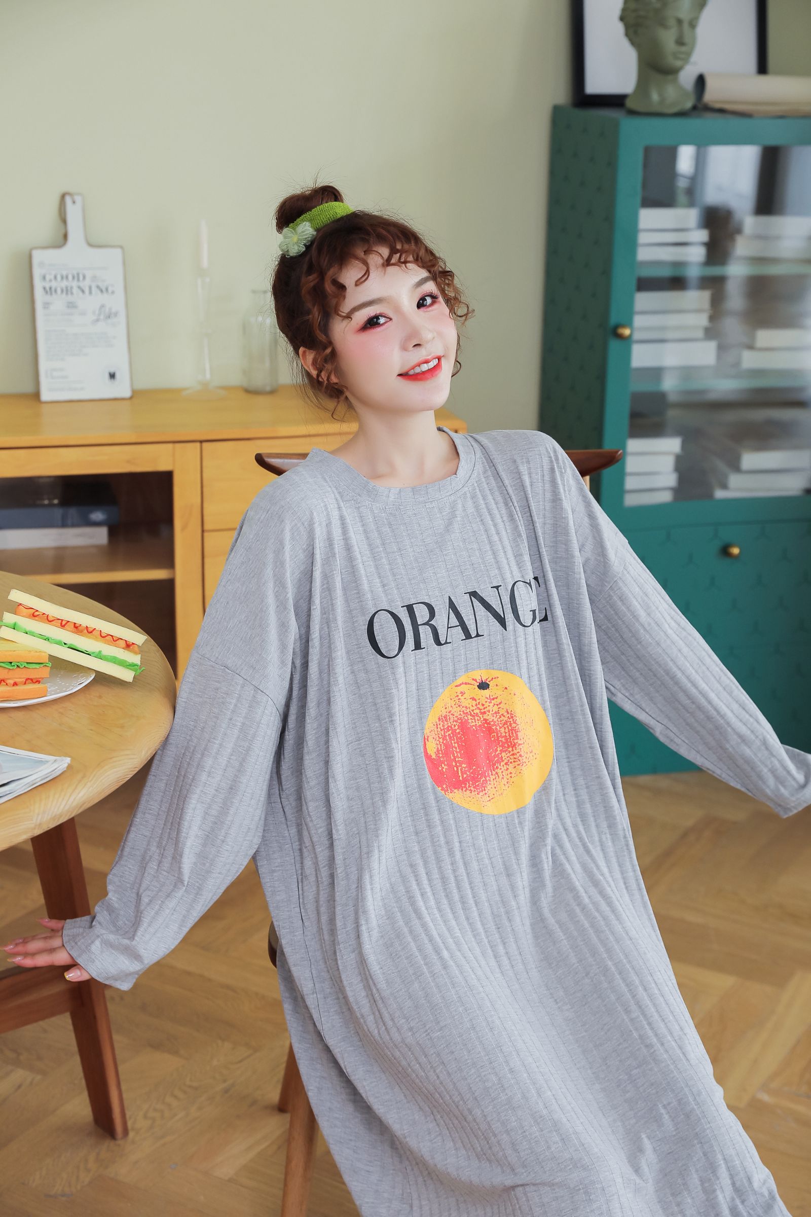 New style of pure cotton casual home wear, printed skirt, orange