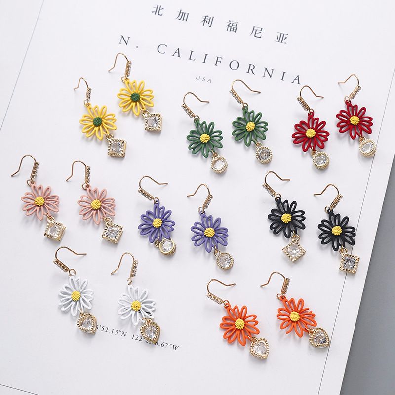 S925 Tremella hook Korean lovely Daisy flower earring rhinestone petal earring long heart versatile pendant