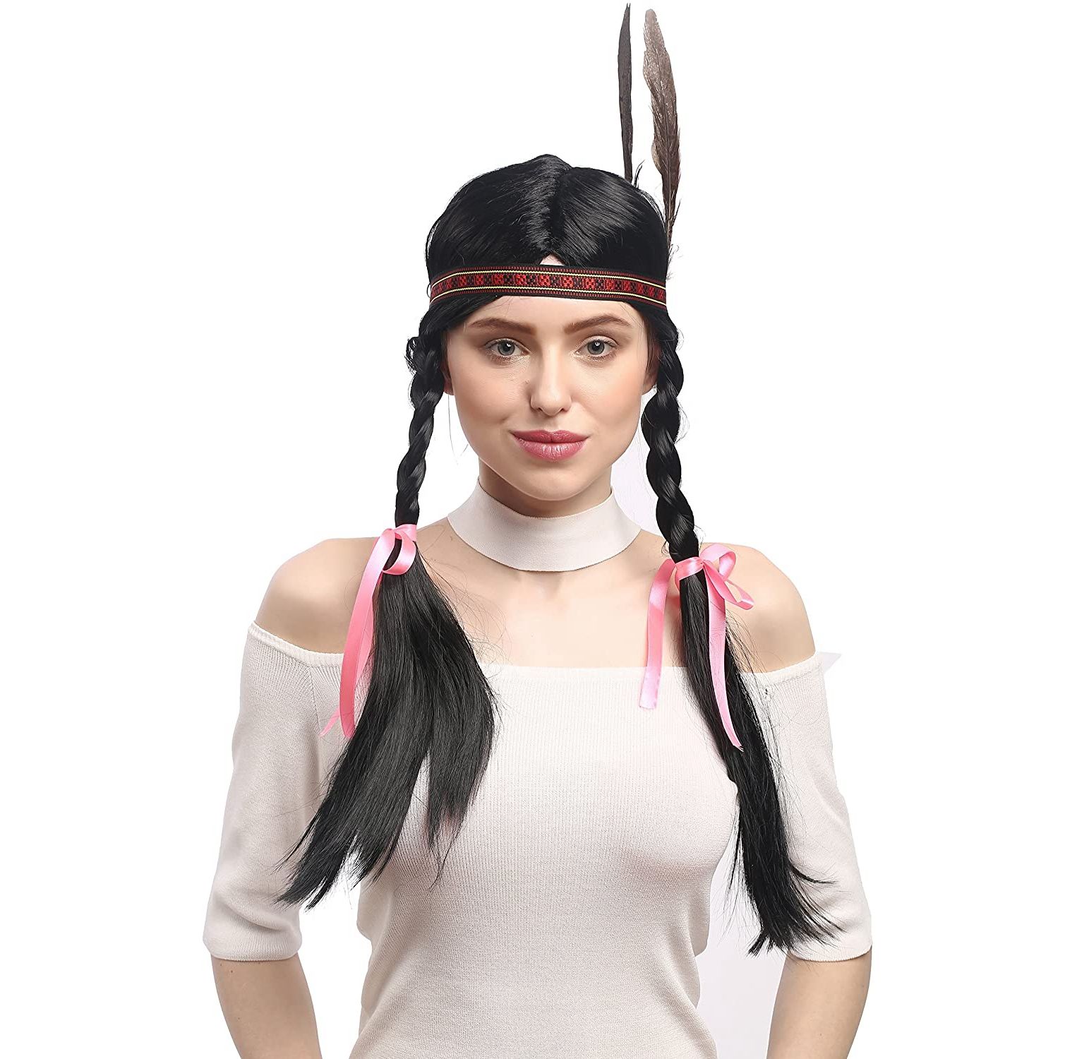 Female Indian with feathers, double braided wig