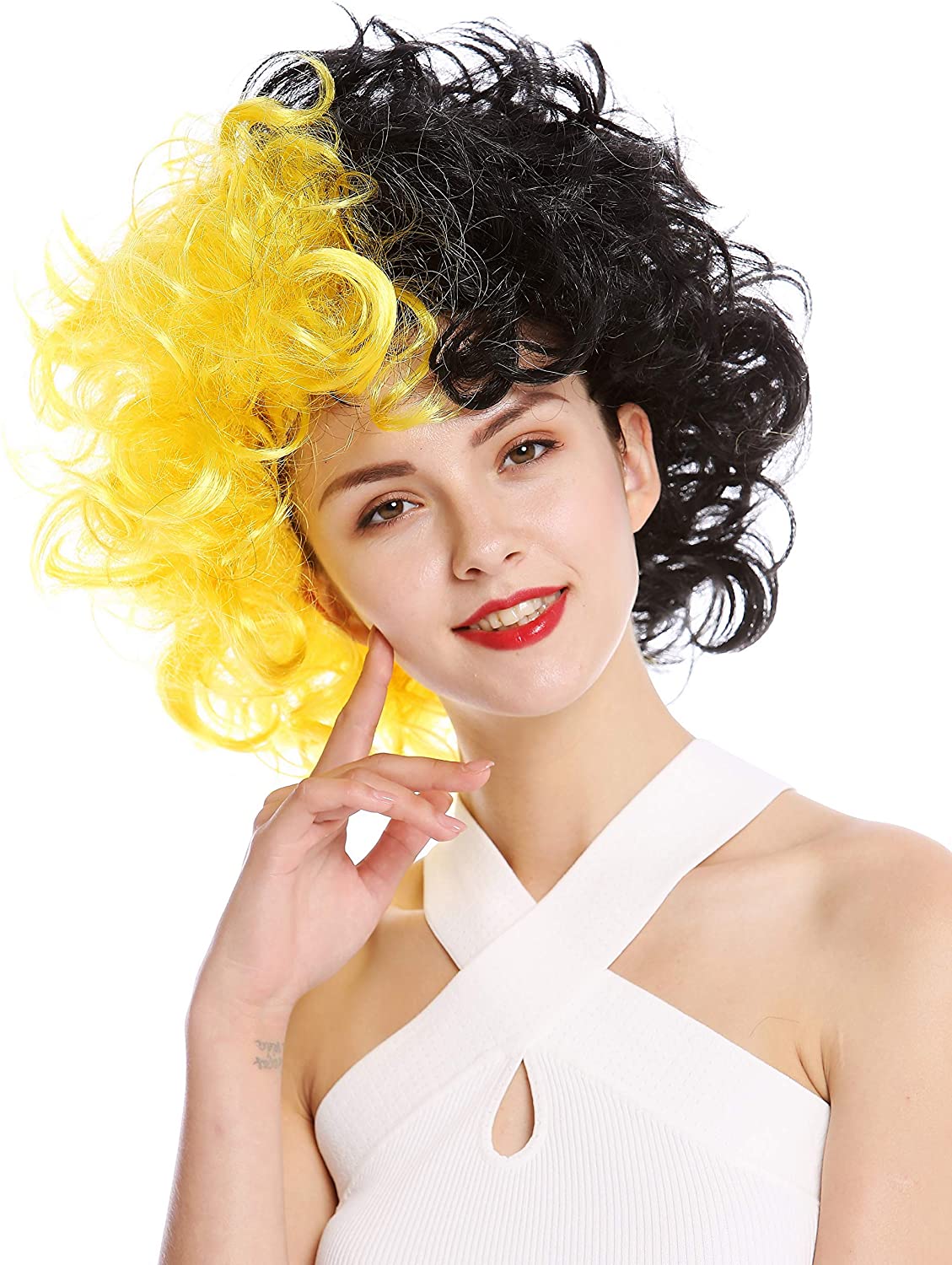 Half a yellow half a black short curly wig full figure