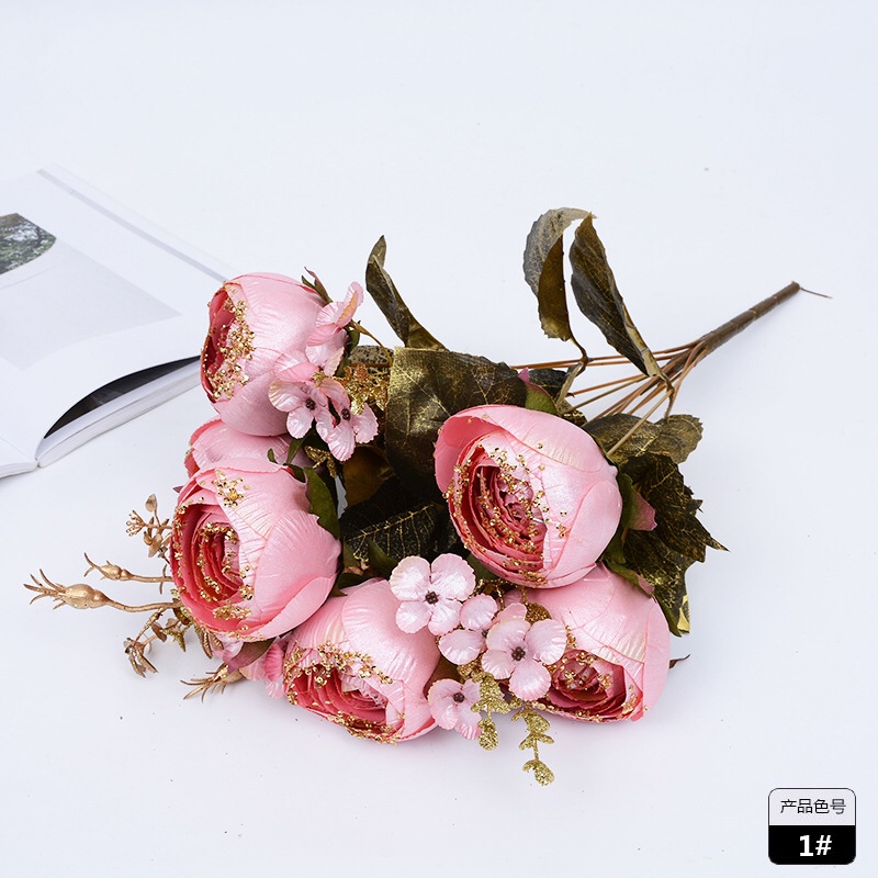 11 Gold Cloth Big Dew Lotus Imitation Flower Foreign Trade High-Grade Flower Bouquet Gold Powder Fake Flower Wedding Hotel Club Display Decoration Specification drawing