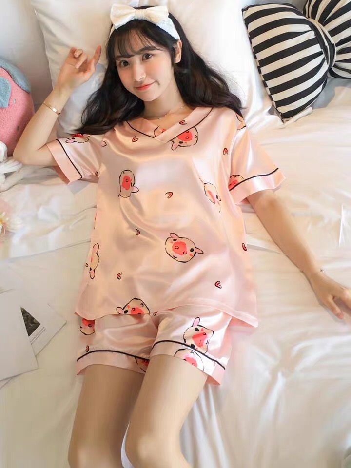 Summer ice Silk thin two-piece set for pajama girls, summer ice silk short-sleeved Korean style cute student ins home wear Specification image
